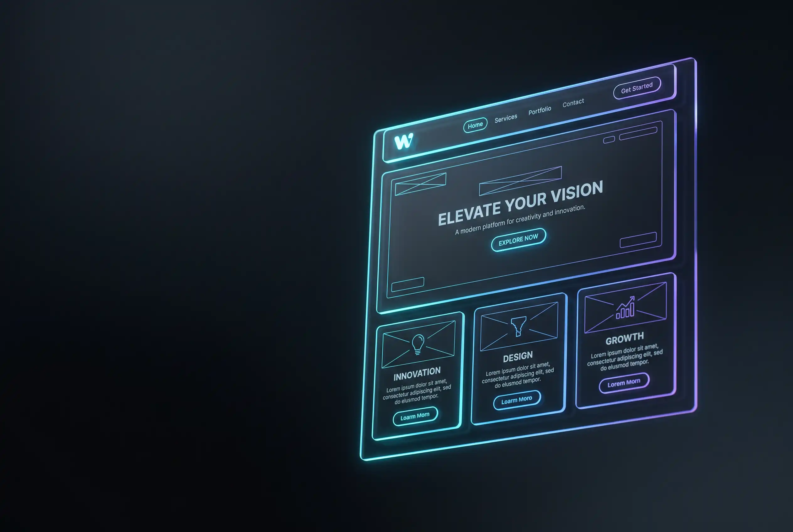 Web design service, a website layout rendered as a sheet of dark glass with neon lit blocks