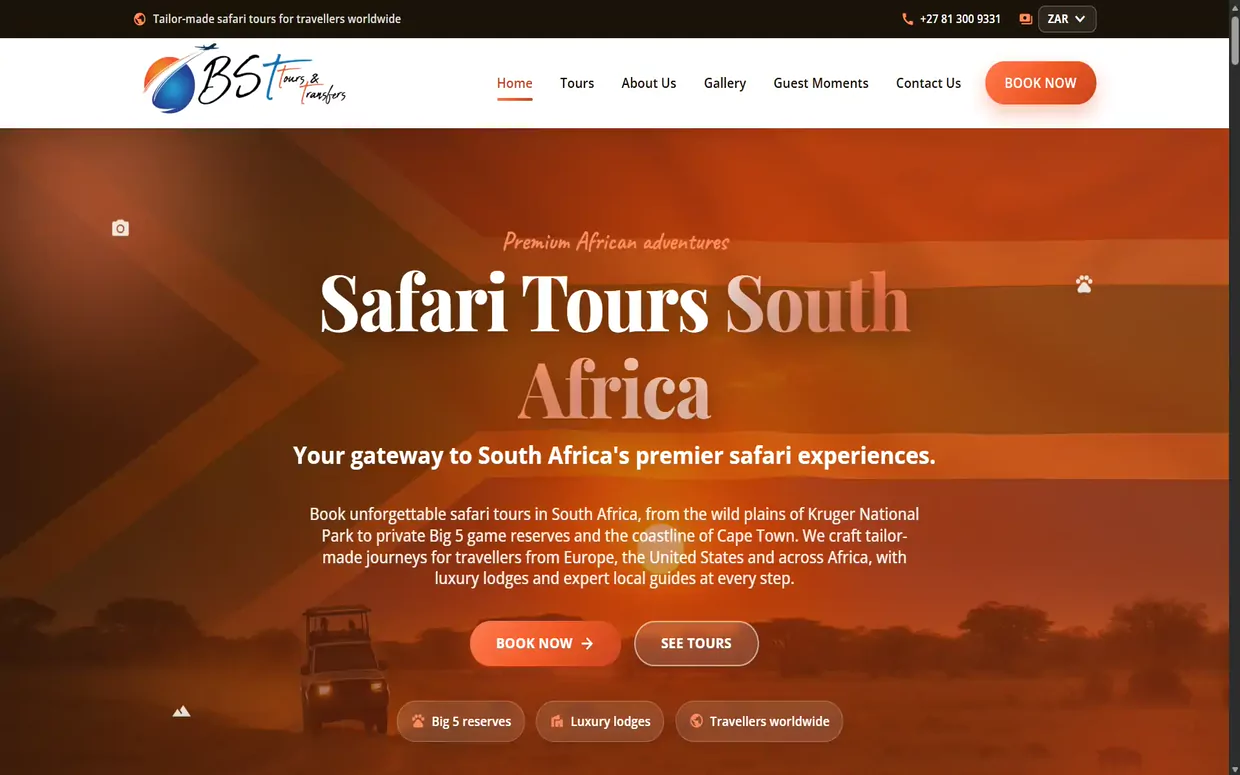 BST Tours website homepage, showing a safari vehicle at sunset behind the headline Safari Tours South Africa