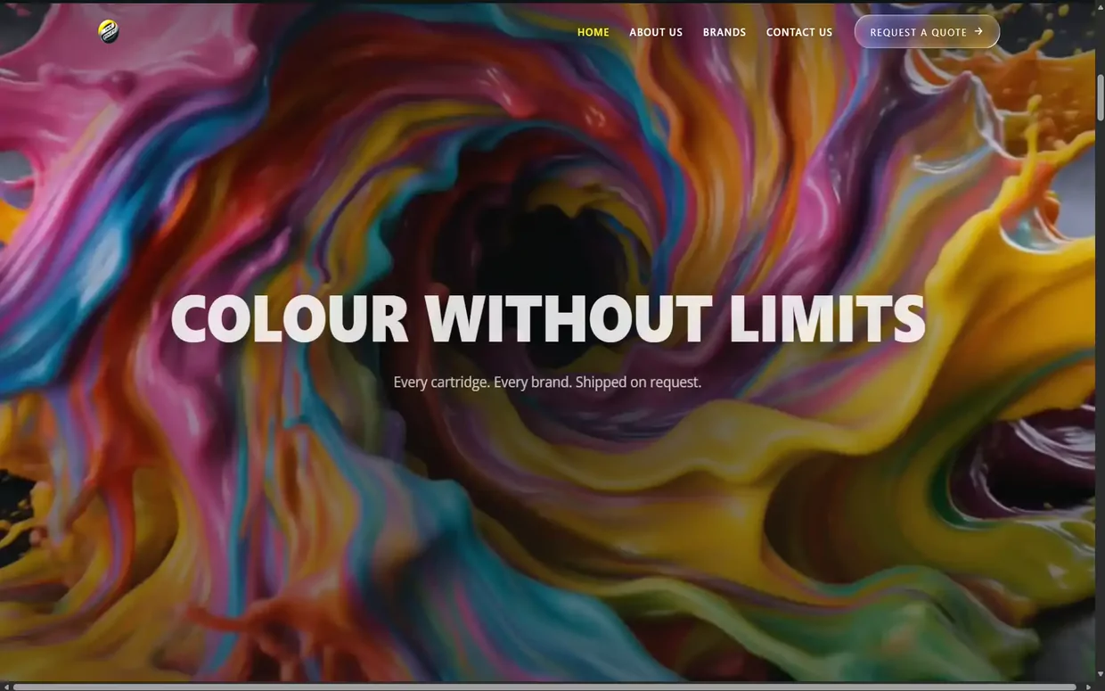 Inkfinity website homepage, showing swirling colour pigment behind the headline Colour Without Limits